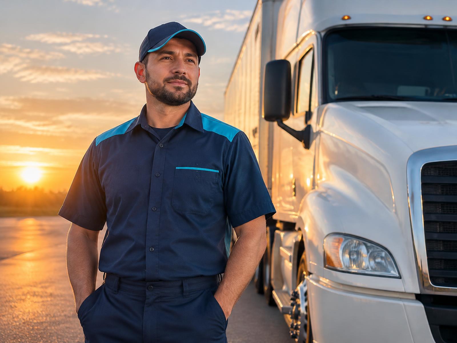 Professional driver in a CONADA uniform beside a white semi-truck