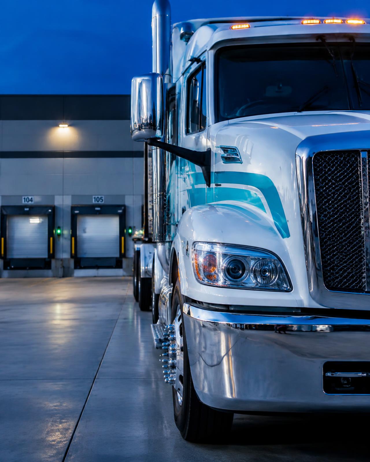 White CONADA truck cab with turquoise accents at a distribution dock